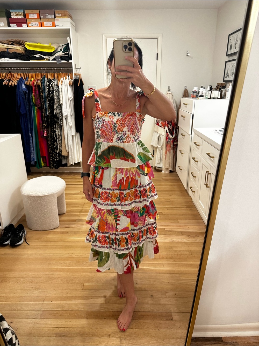 FARM Rio White Tiered Midi Dress with Bright Tropical Print